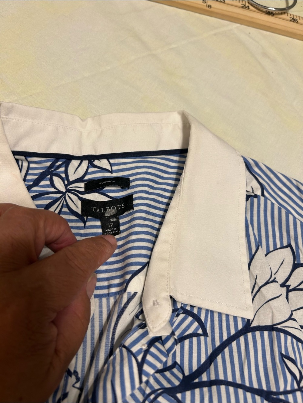 Talbots Blue and White Floral-Stripe Button Down Shirt - Picture 2 of 7